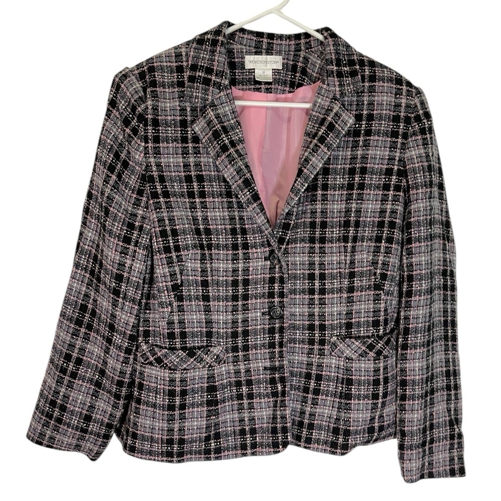Worthington 10 Black Pink Plaid Blazer Jacket Tweed Textured Officecore‎ Preppy
